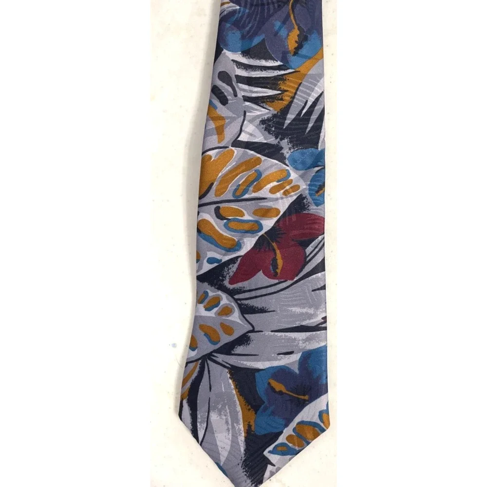 vintage Don Loper of Beverly Hill Men's floral necktie Silver Aqua Gold Burgundy